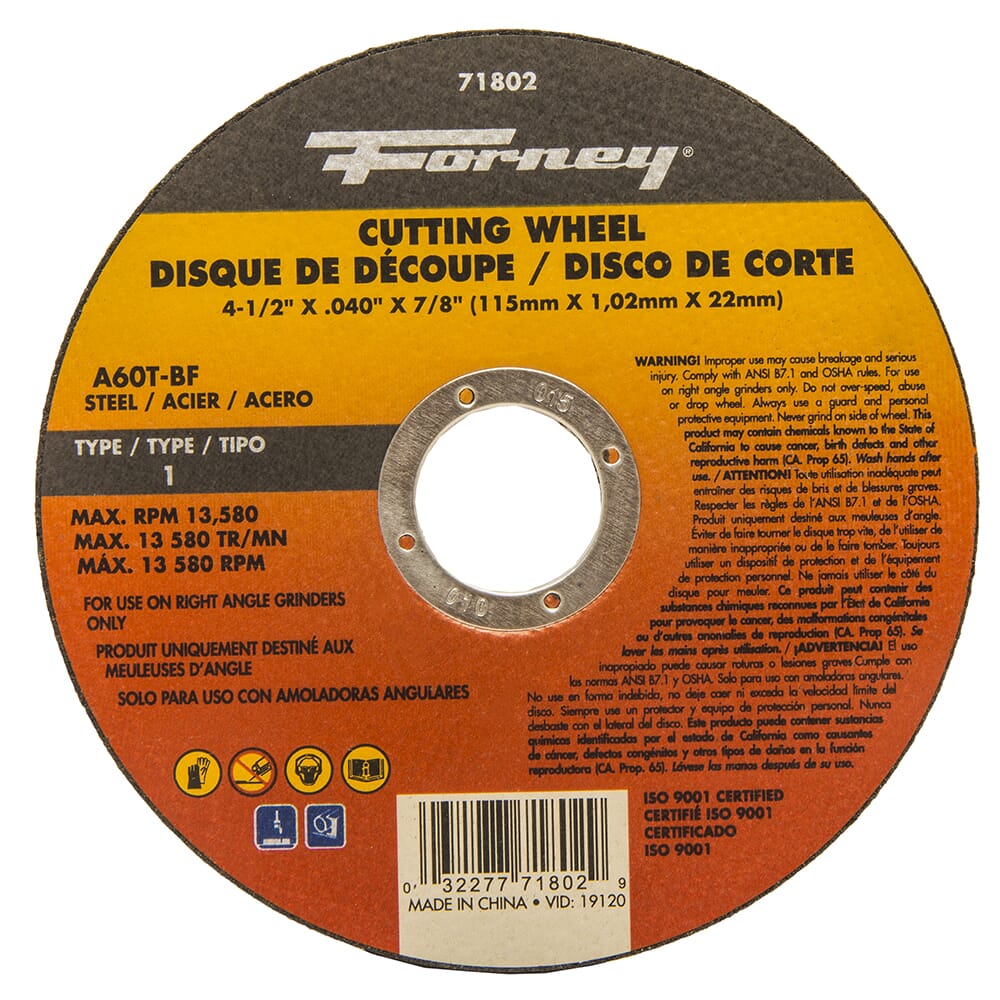 Cut-Off Wheel, Metal, Type 1, 4-1/2 in x .040 in x 7/8 in