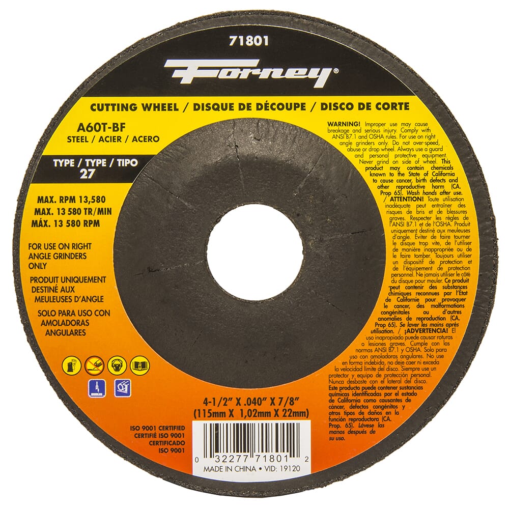 Cut-Off Wheel, Metal, Type 27, 4-1/2 in x .040 in x 7/8 in