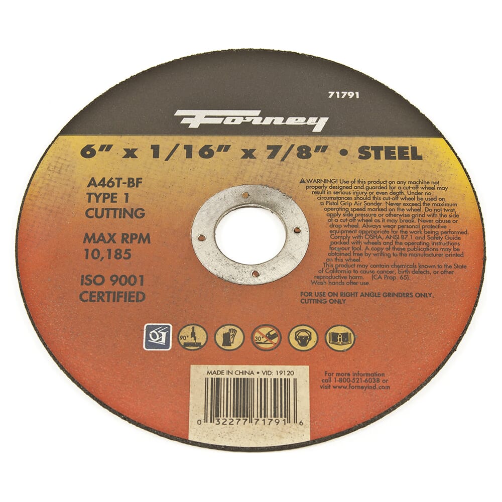 Cut-Off Wheel, Metal, Type 1, 6 in x 1/16 in x 7/8 in