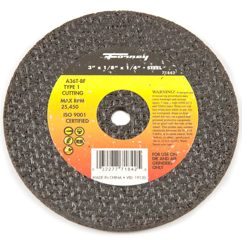 Cut-Off Wheel, Metal, Type 1, 3 in x 1/8 in x 1/4 in