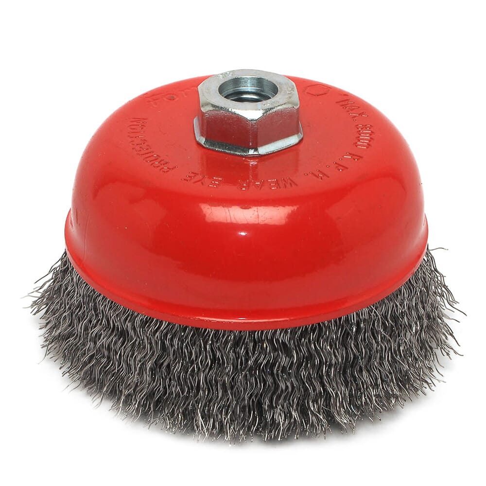 Cup Brush, Crimped, 5 in x .014 in x 5/8 in-11 Arbor