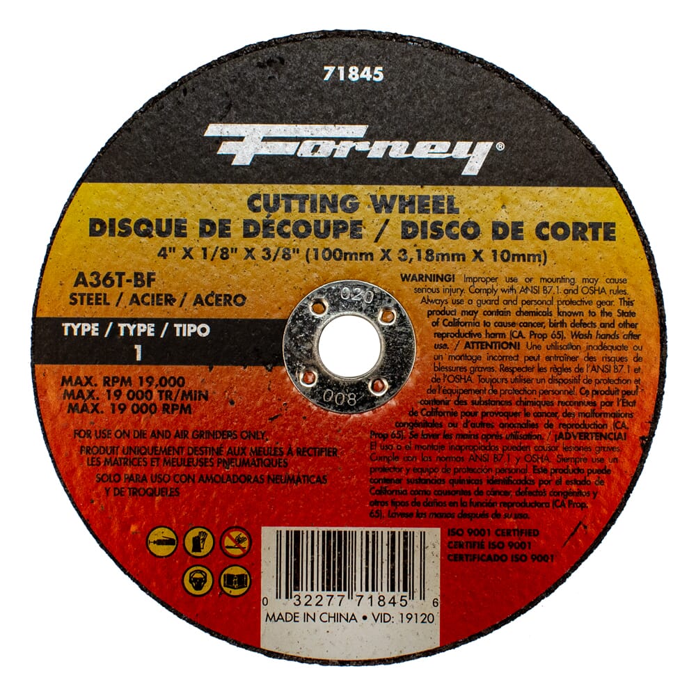 Cut-Off Wheel, Metal, Type 1, 4 in x 1/8 in x 3/8 in