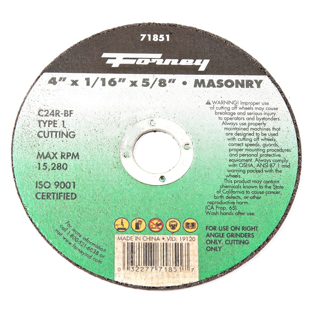 Cutting Wheel, Masonry, Type 1, 4 in x 1/16 in x 5/8 in