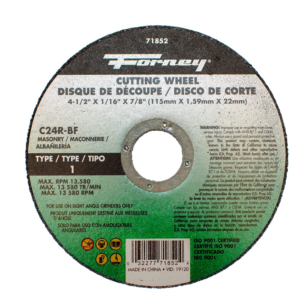 Cutting Wheel, Masonry, Type 1, 4-1/2 in x 1/16 in x 7/8 in