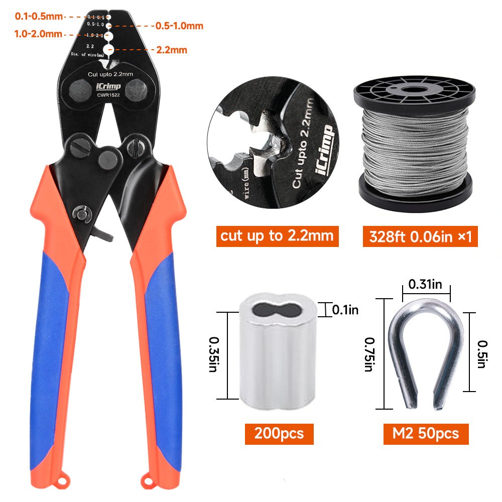 Wire Rope Crimping Tool Kit with Stainless Stee Wire Rope, Aluminum Crimping Sleeves and Stainless Steel Thimbles