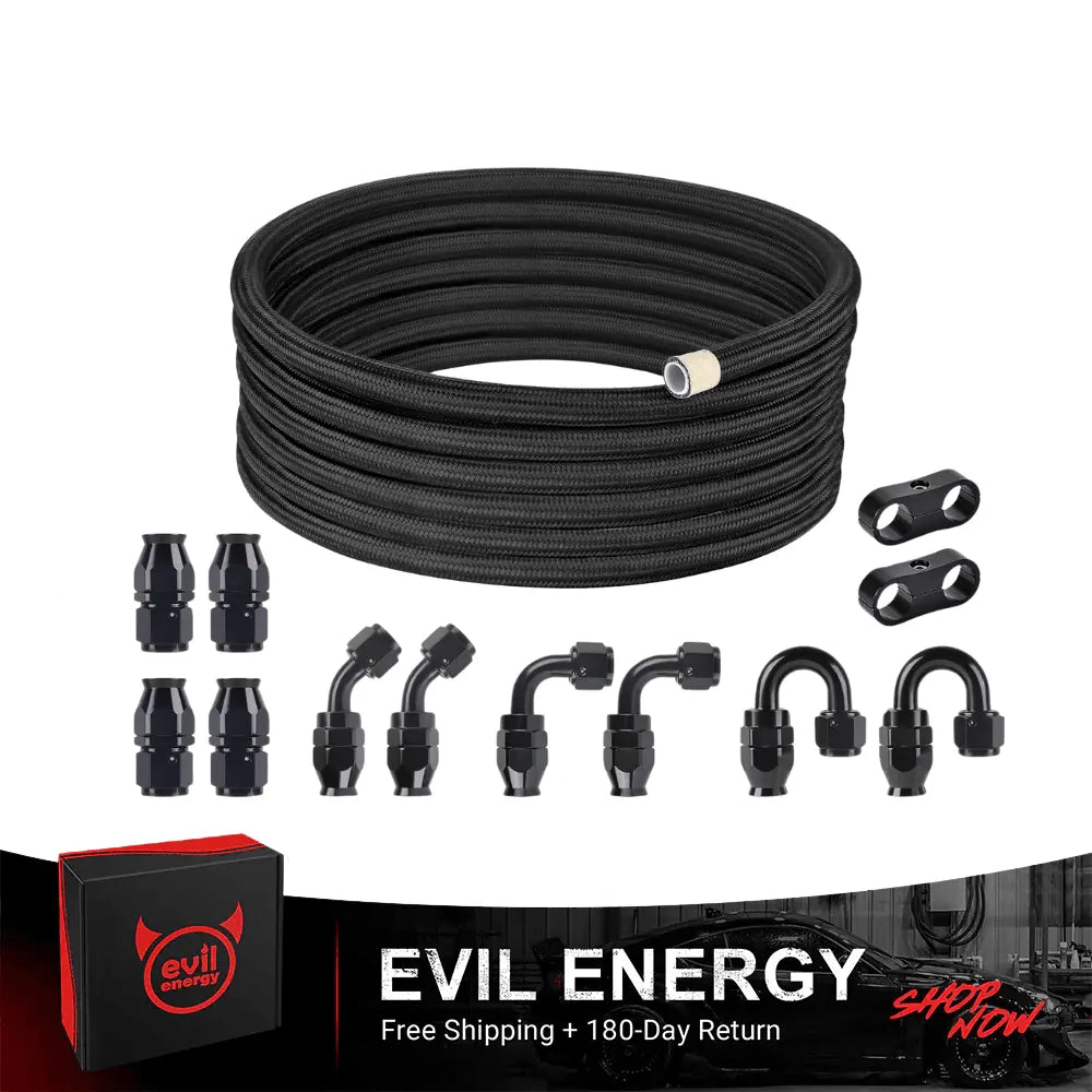 EVIL ENERGY 4/6/8/10AN PTFE Fuel Line Kit | E85 Nylon Braided Hose | 16/20FT Black Black with Comprehensive Fittings Supply