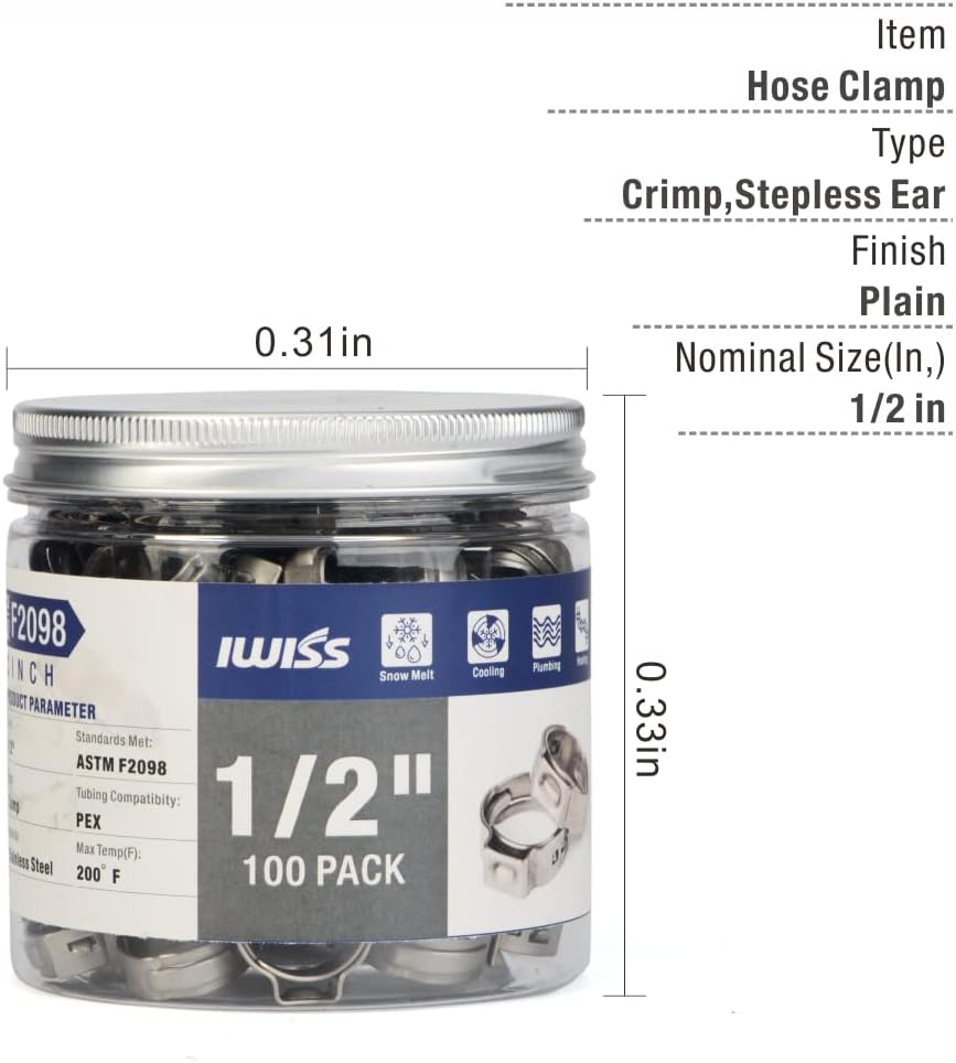 1/2-Inch Stainless Steel Cinch Clamp Rings for PEX Pipe F2098 Standard-100pcs
