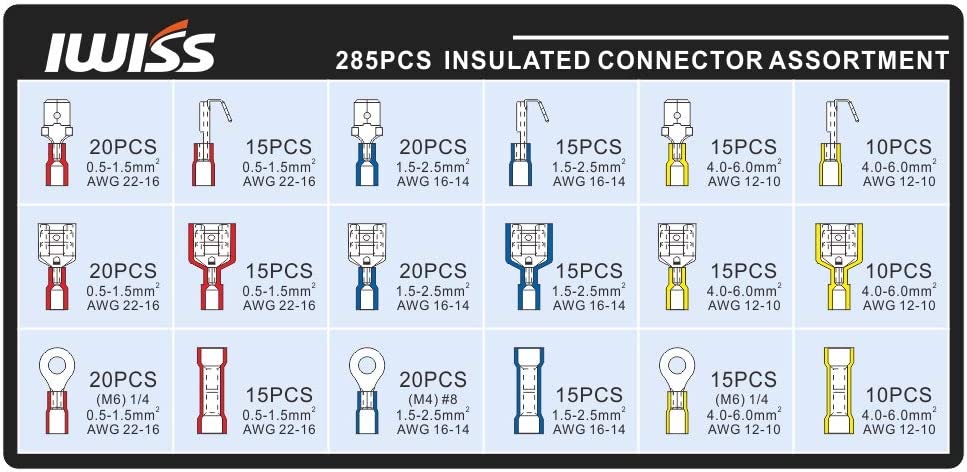 285pcs Insulated Butt, Spades, Rings Connectors from AWG22-10