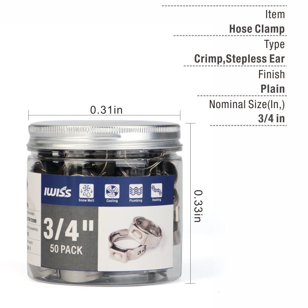 3/4-Inch Stainless Steel Cinch Clamp Rings for PEX Pipe F2098 Standard-50pcs