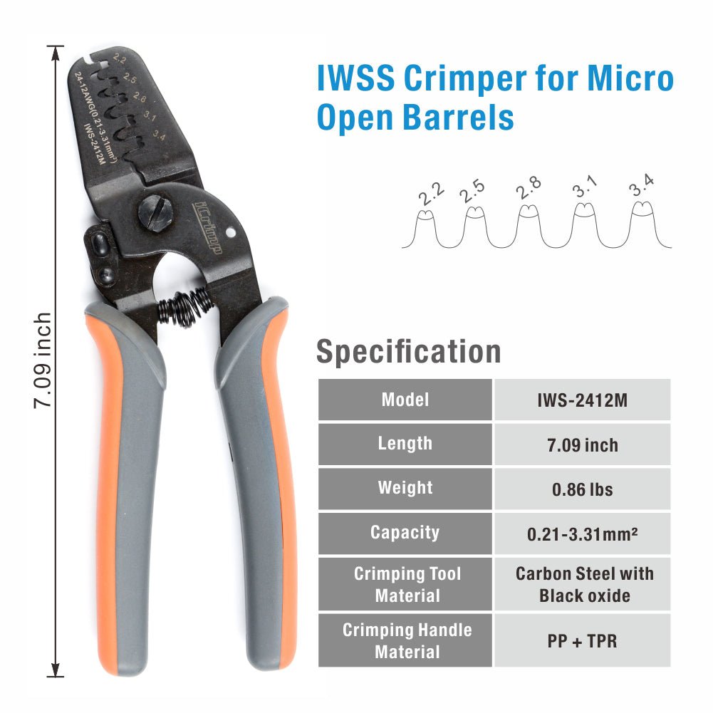 IWS-2412M Open Barrel Crimping Tools Works on AWG24-12 JAM, Molex, Tyco, JST Terminals and Connectors