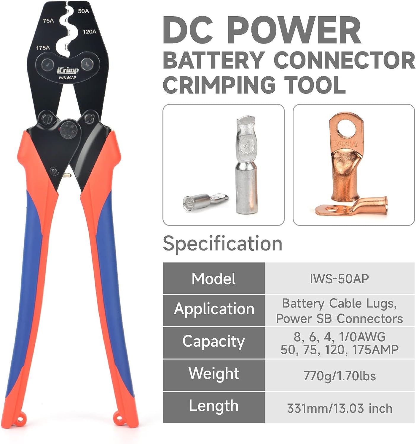 IWS-50AP Battery Cable Crimping Tool for Power 50A & 75A Connectors, Anderson SB50 SB120 SB175 Connectors, AWG 8-1/0 Battery Cable Lugs Online now