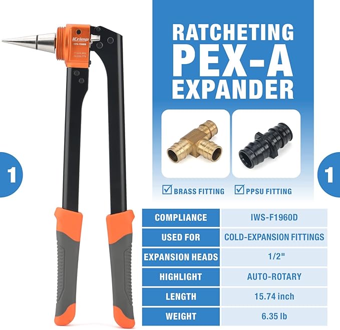 IWS-1960D Expansion Tool Kit, Auto Rotate PEX-a Tubing Expander with 1/2 Inch Expander Head