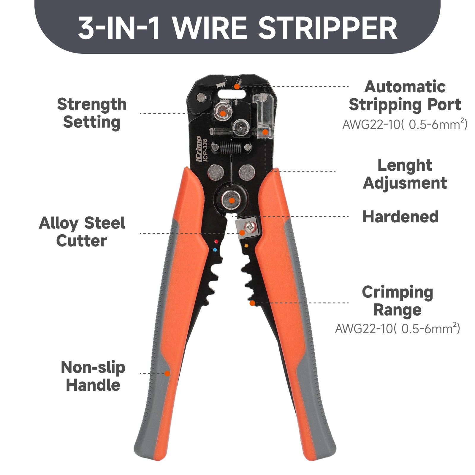 ICP-338 Kit Wire Stripper Tool Kit, Adjustable Stripper for 22-10 AWG with Insulated Terminals and Cable Tie