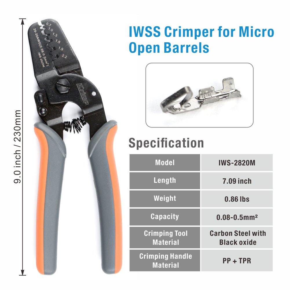 IWS-2820M Mini Micro Open Barrel Crimping Tools Works on AWG28-20 JAM, Molex, Tyco, JST Terminals and Connectors