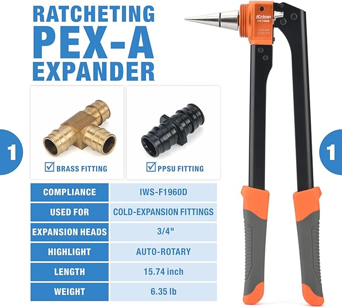 IWS-F1960D PEX Expansion Tool Kit with 3/4 Inch Auto Rotation Expansion Heads