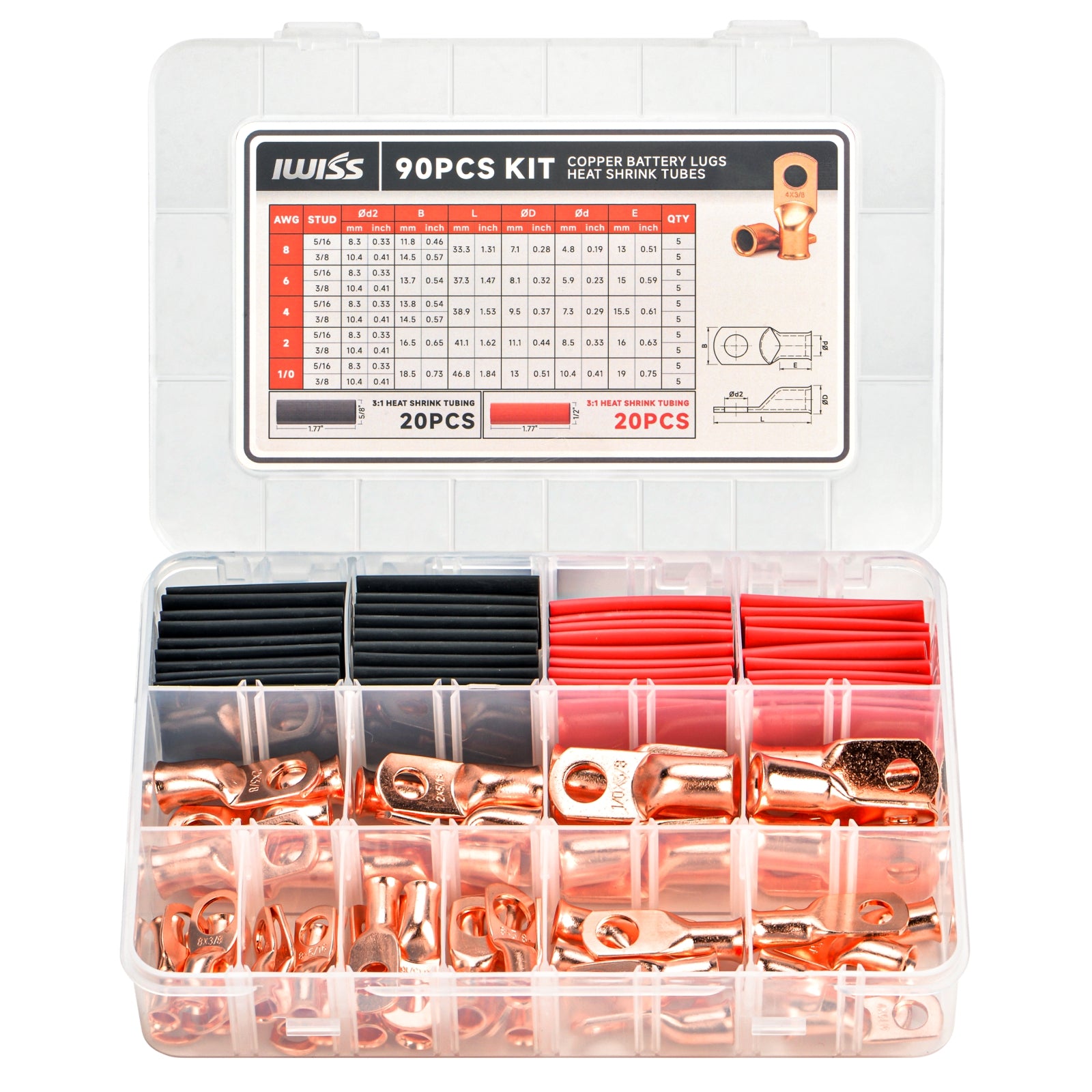 KIT-90C Copper Battery Lugs Assortment Cable Lugs for AWG 8, 6, 4, 2, 1/0 w/Heat Shrink Tubes -90PCS